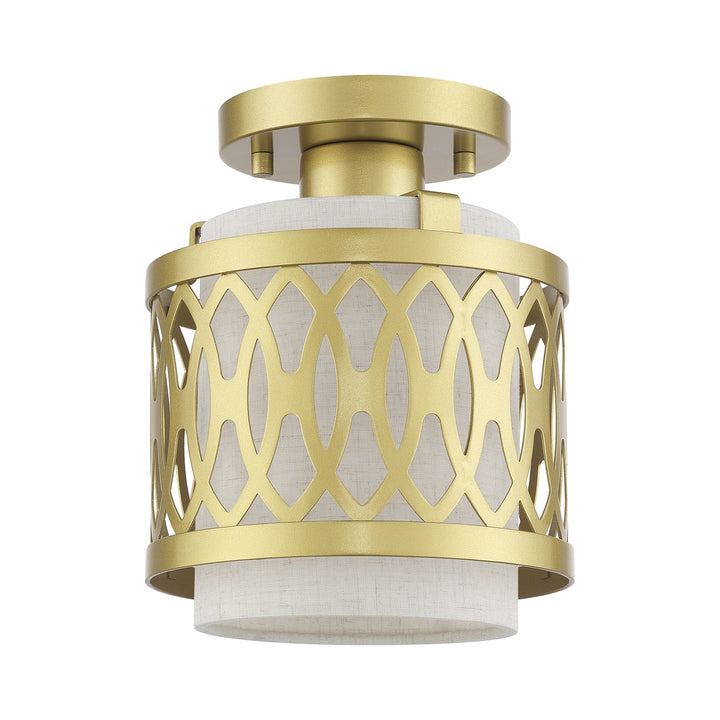 1 Light Soft Gold Semi-Flush With Hand Crafted Oatmeal Color Fabric