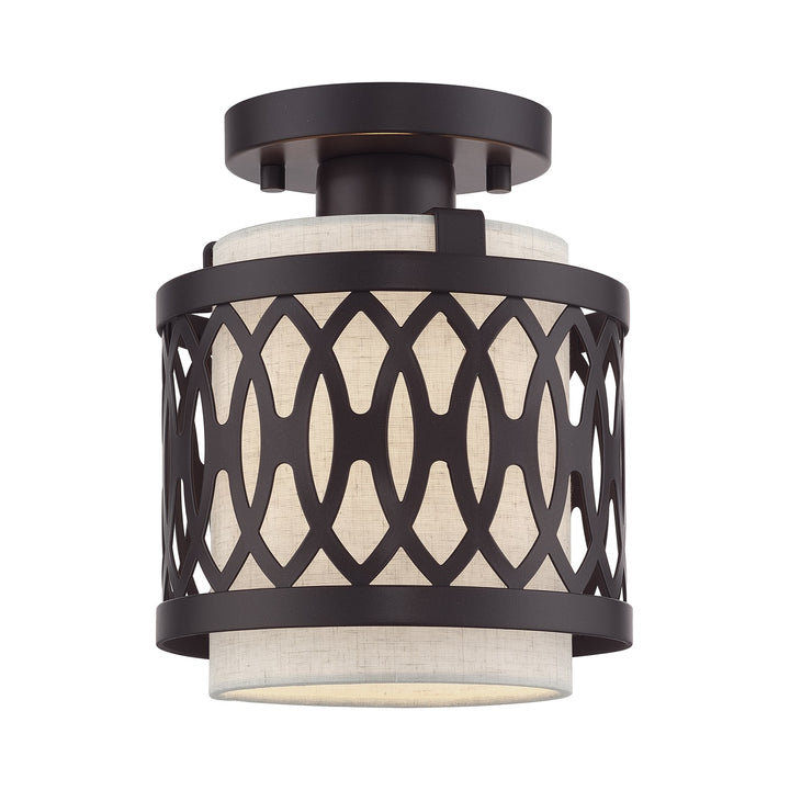 1 Light English Bronze Semi-Flush With Hand Crafted Oatmeal Color Fabric by Livex Lighting