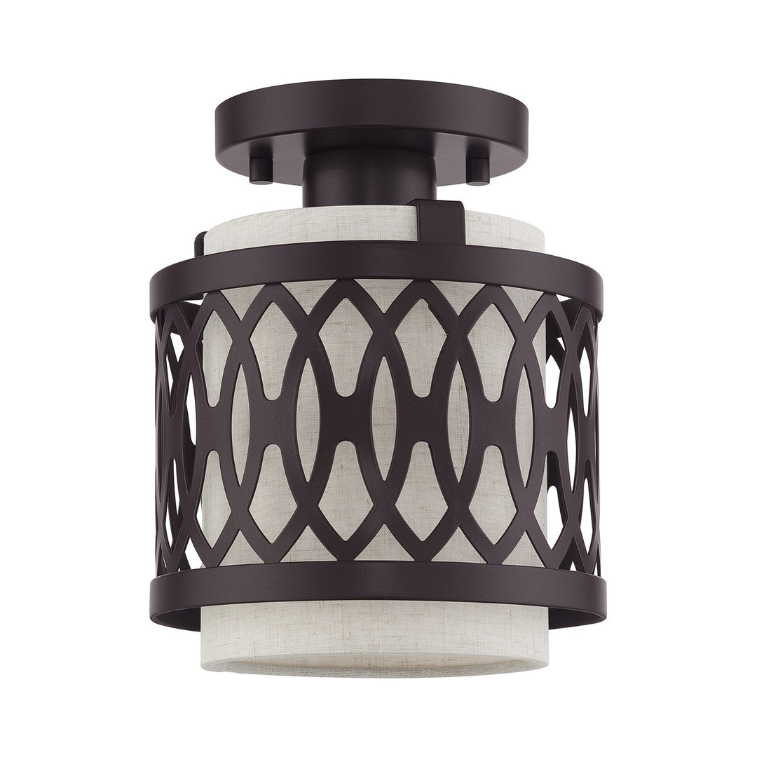 1 Light English Bronze Semi-Flush With Hand Crafted Oatmeal Color Fabric