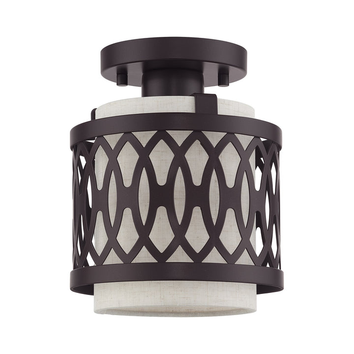 1 Light English Bronze Semi-Flush With Hand Crafted Oatmeal Color Fabric
