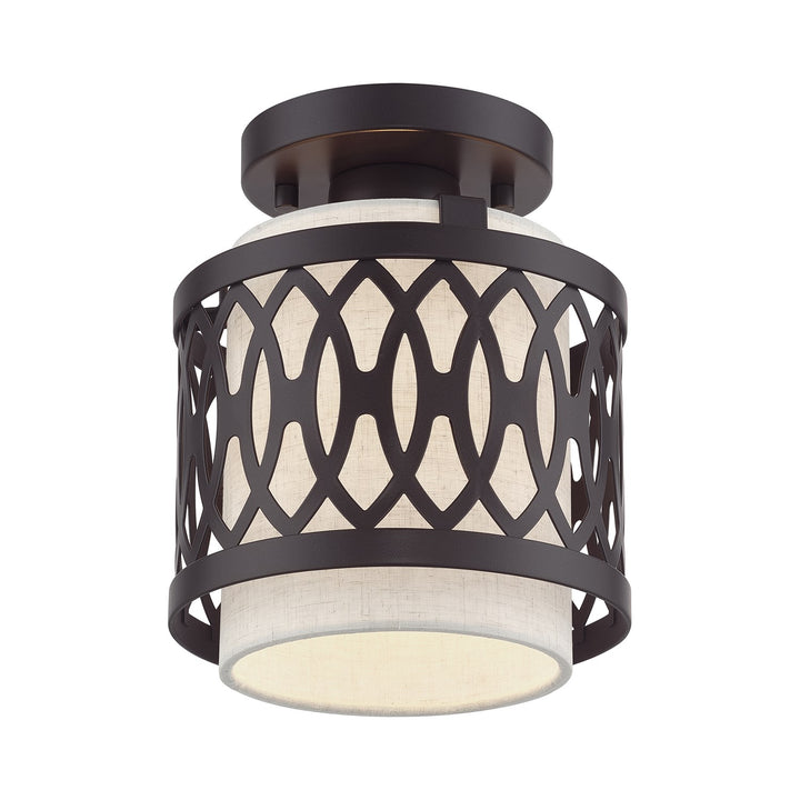1 Light English Bronze Semi-Flush With Hand Crafted Oatmeal Color Fabric