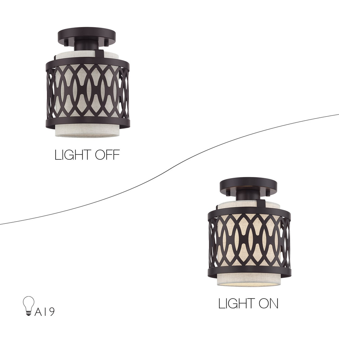 1 Light English Bronze Semi-Flush With Hand Crafted Oatmeal Color Fabric
