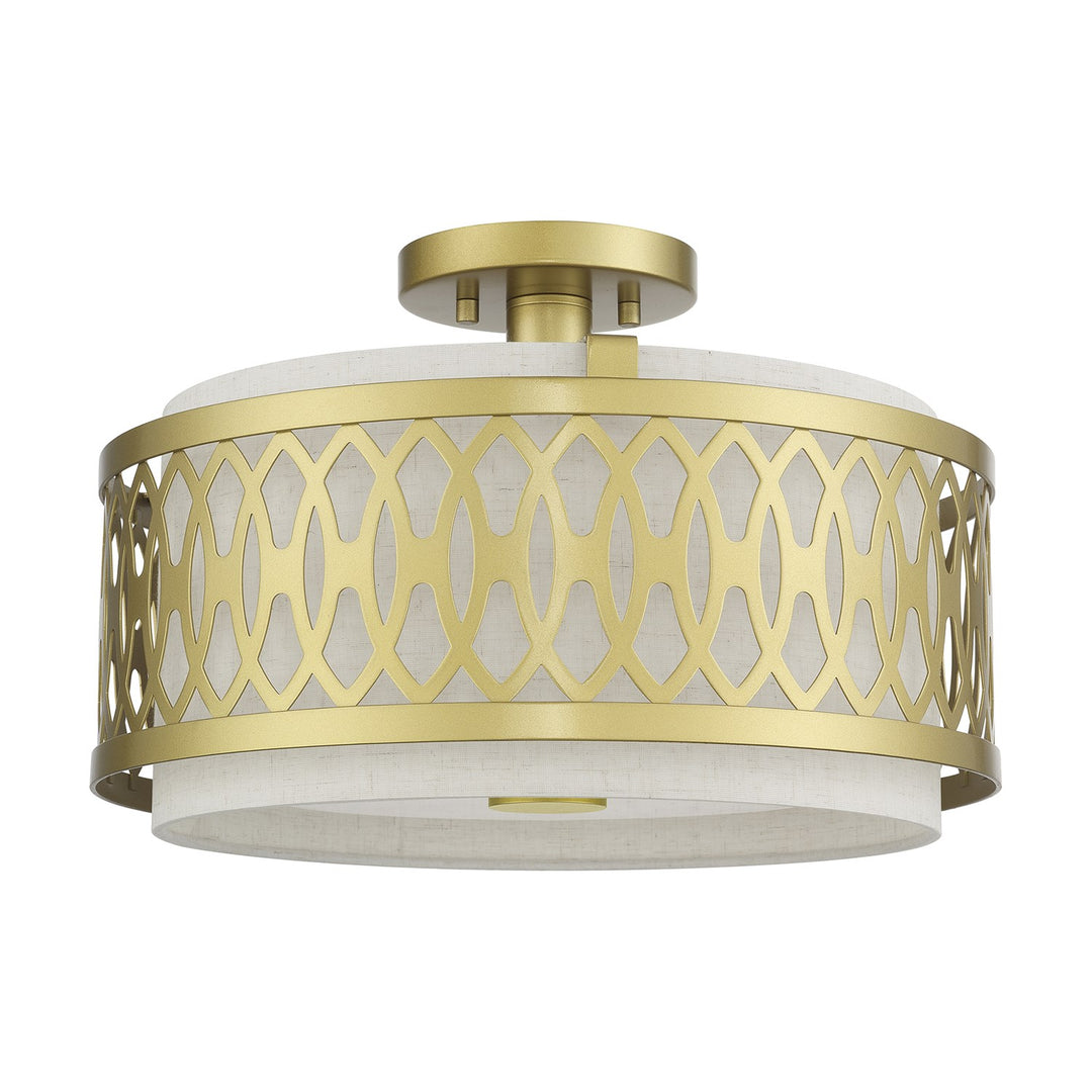 3 Light Soft Gold Large Semi-Flush With Hand Crafted Oatmeal Color Fabric
