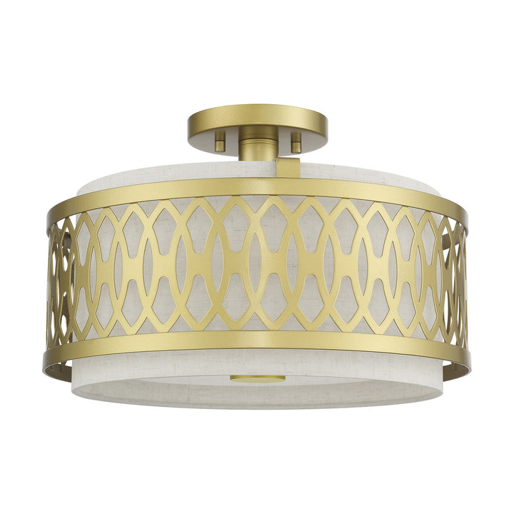 3 Light Soft Gold Large Semi-Flush With Hand Crafted Oatmeal Color Fabric