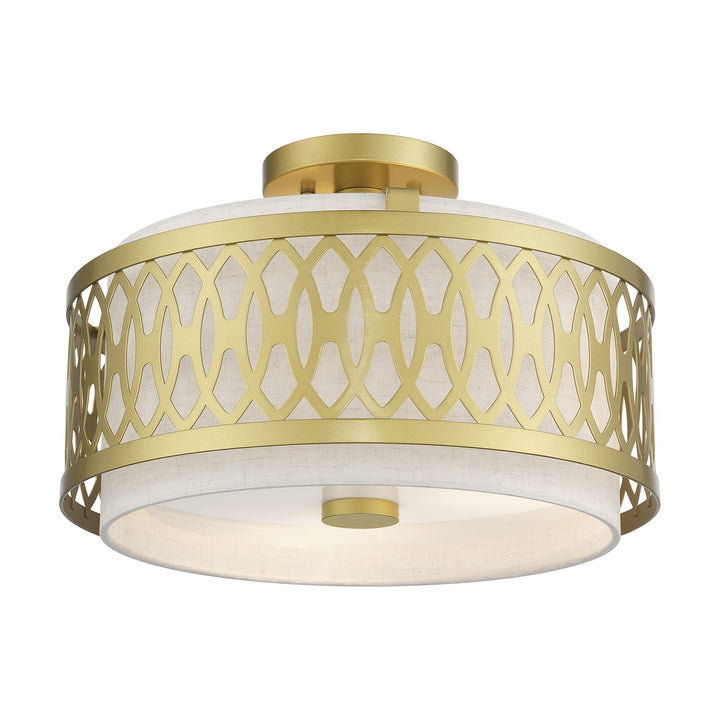 3 Light Soft Gold Large Semi-Flush With Hand Crafted Oatmeal Color Fabric