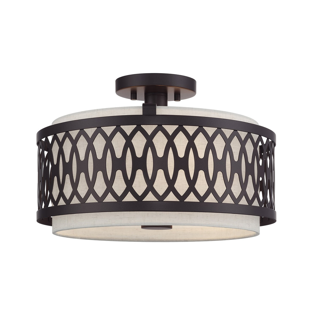 3 Light English Bronze Large Semi-Flush With Hand Crafted Oatmeal Color Fabric by Livex Lighting