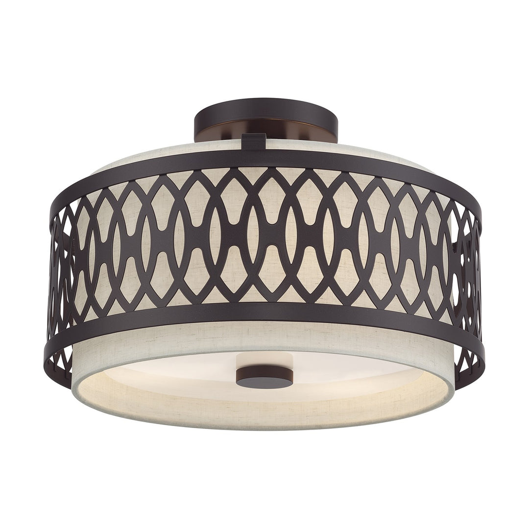 3 Light English Bronze Large Semi-Flush With Hand Crafted Oatmeal Color Fabric