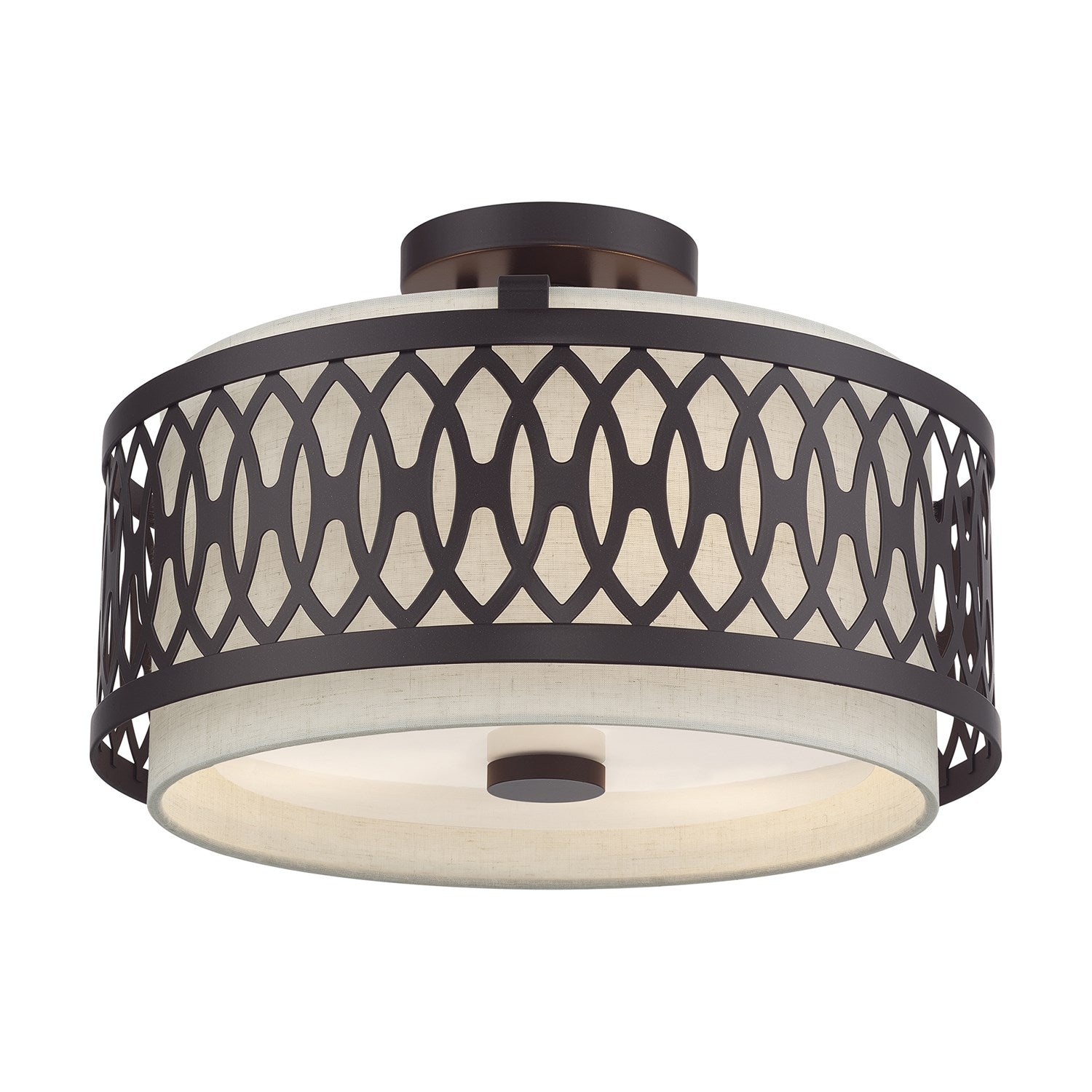 3 Light English Bronze Large Semi-Flush With Hand Crafted Oatmeal Color Fabric