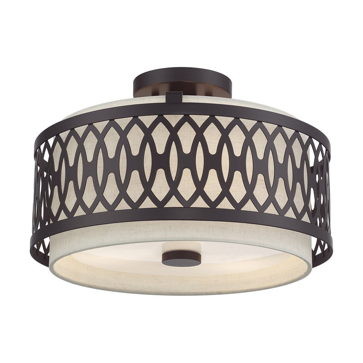 3 Light English Bronze Large Semi-Flush With Hand Crafted Oatmeal Color Fabric