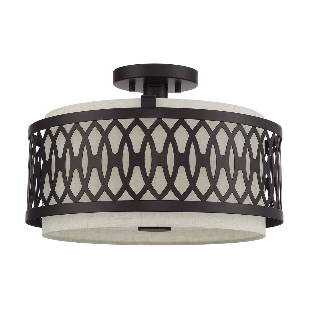 3 Light English Bronze Large Semi-Flush With Hand Crafted Oatmeal Color Fabric