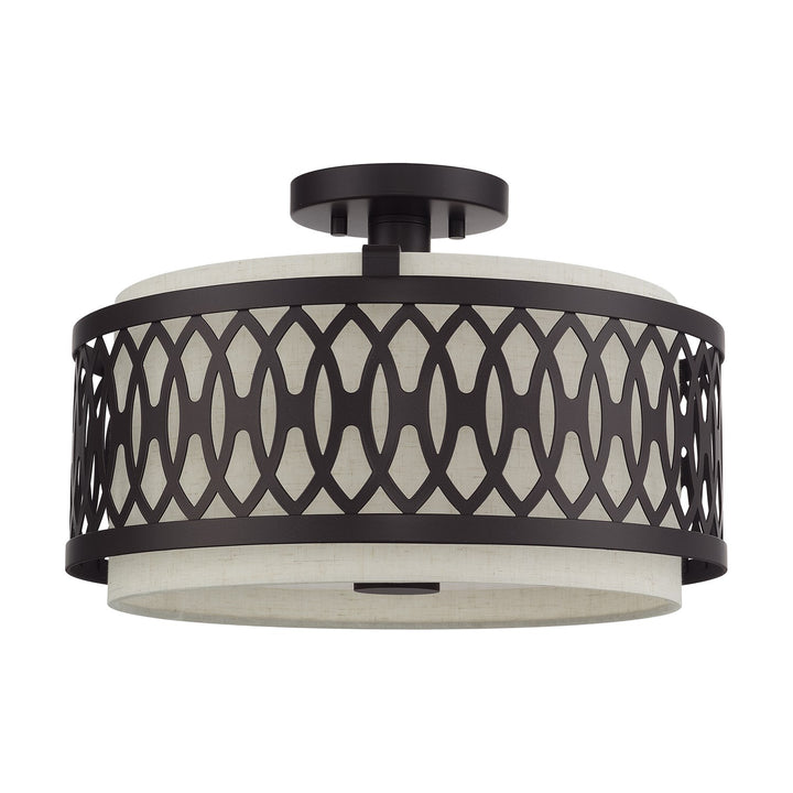 3 Light English Bronze Large Semi-Flush With Hand Crafted Oatmeal Color Fabric