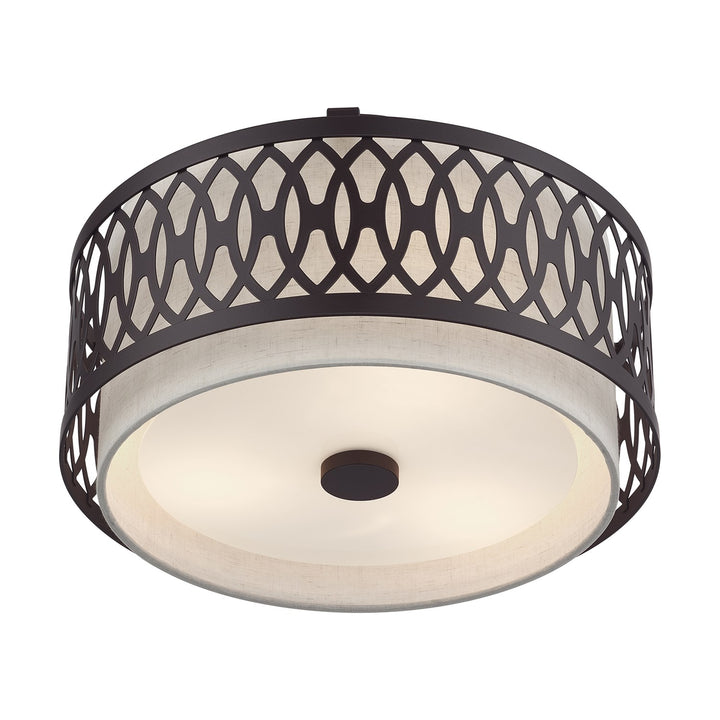 3 Light English Bronze Large Semi-Flush With Hand Crafted Oatmeal Color Fabric