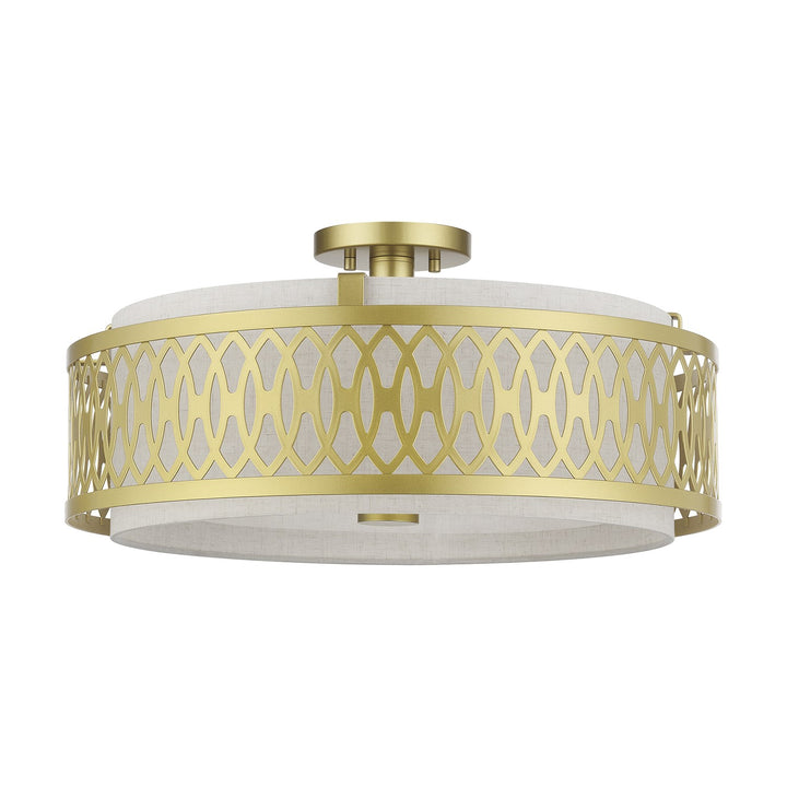 4 Light Soft Gold Extra Large Semi-Flush With Hand Crafted Oatmeal Color Fabric