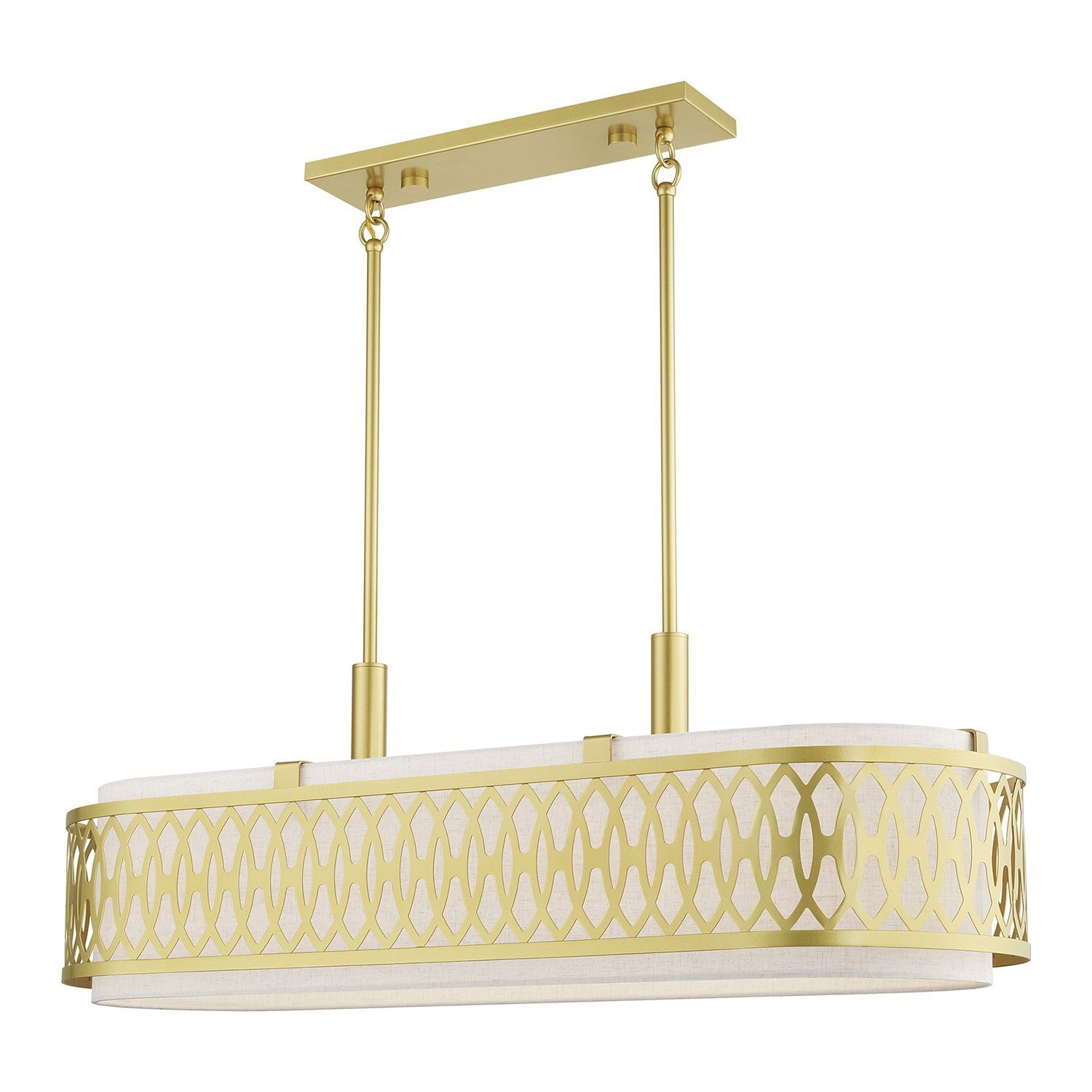 6 Light Soft Gold Large Linear Chandelier With Hand Crafted Oatmeal Color Fabric