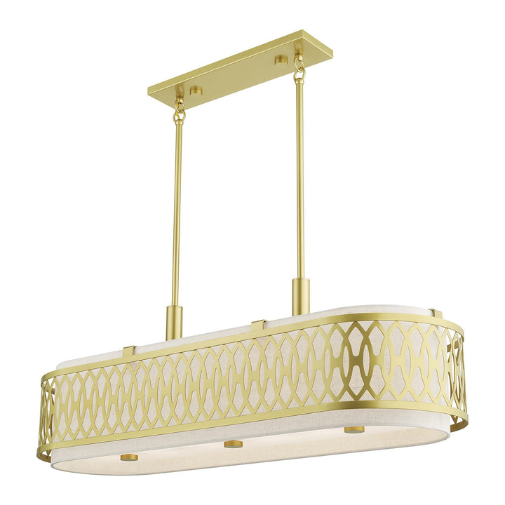 6 Light Soft Gold Large Linear Chandelier With Hand Crafted Oatmeal Color Fabric