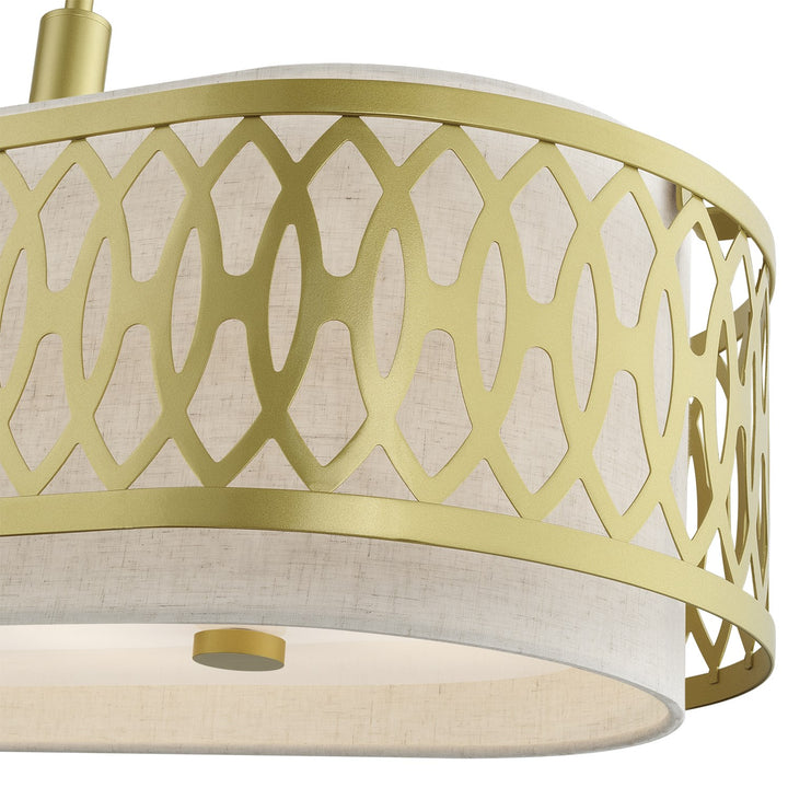 6 Light Soft Gold Large Linear Chandelier With Hand Crafted Oatmeal Color Fabric