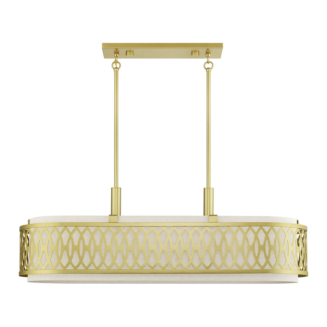 6 Light Soft Gold Large Linear Chandelier With Hand Crafted Oatmeal Color Fabric