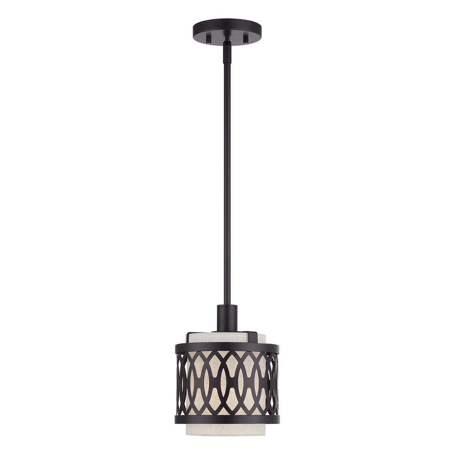 1 Light English Bronze Mini Pendant With Hand Crafted Oatmeal Color Fabric by Livex Lighting