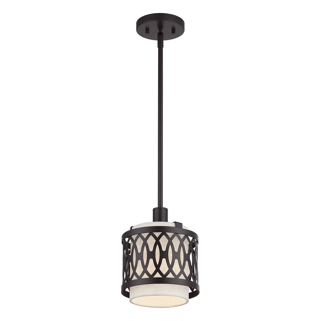 1 Light English Bronze Mini Pendant With Hand Crafted Oatmeal Color Fabric