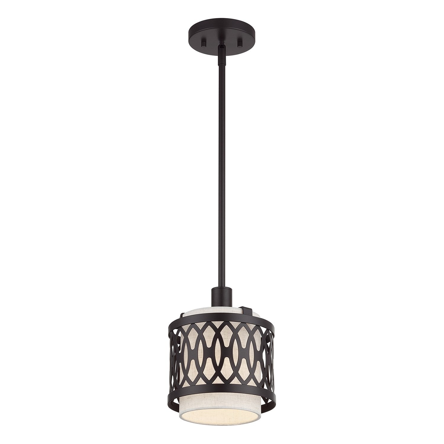 1 Light English Bronze Mini Pendant With Hand Crafted Oatmeal Color Fabric