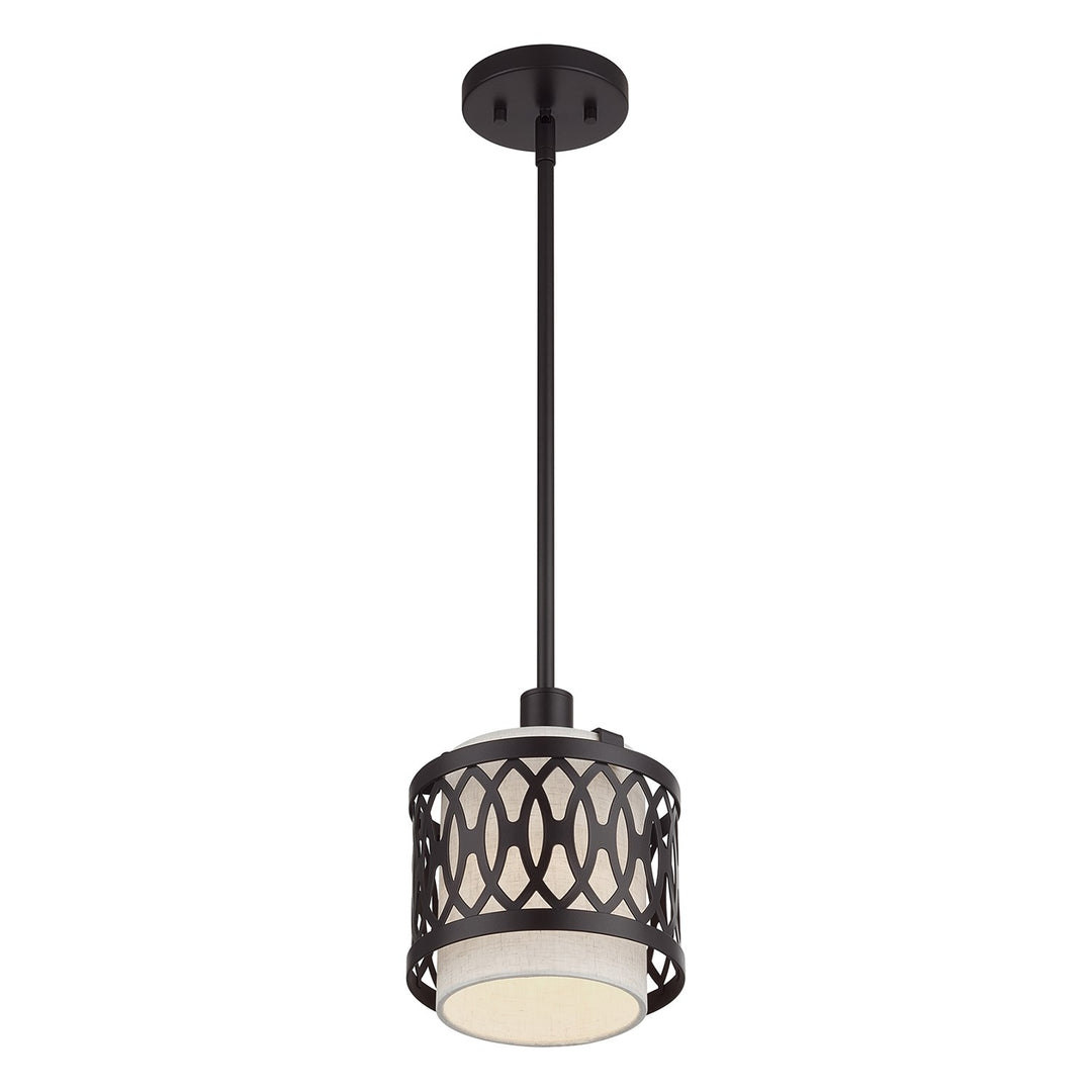 1 Light English Bronze Mini Pendant With Hand Crafted Oatmeal Color Fabric