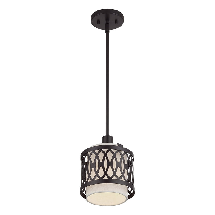 1 Light English Bronze Mini Pendant With Hand Crafted Oatmeal Color Fabric