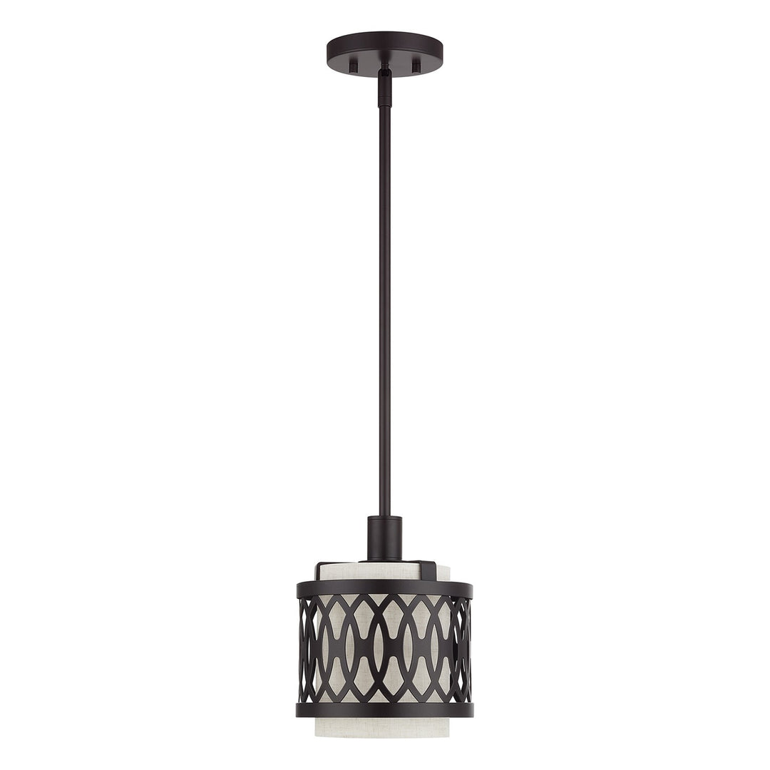 1 Light English Bronze Mini Pendant With Hand Crafted Oatmeal Color Fabric