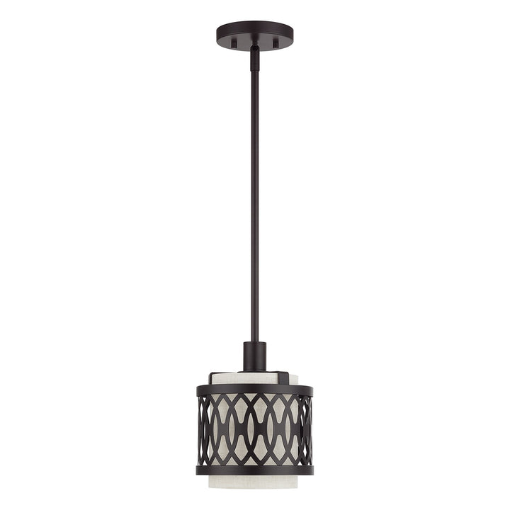 1 Light English Bronze Mini Pendant With Hand Crafted Oatmeal Color Fabric