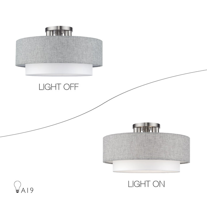 3 Light Brushed Nickel Large Semi-Flush With Hand Crafted Urban Gray