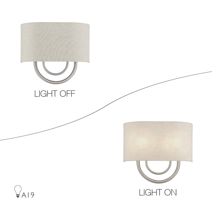 2 Light Brushed Nickel Ada Sconce With Hand Crafted Oatmeal Fabric Shade
