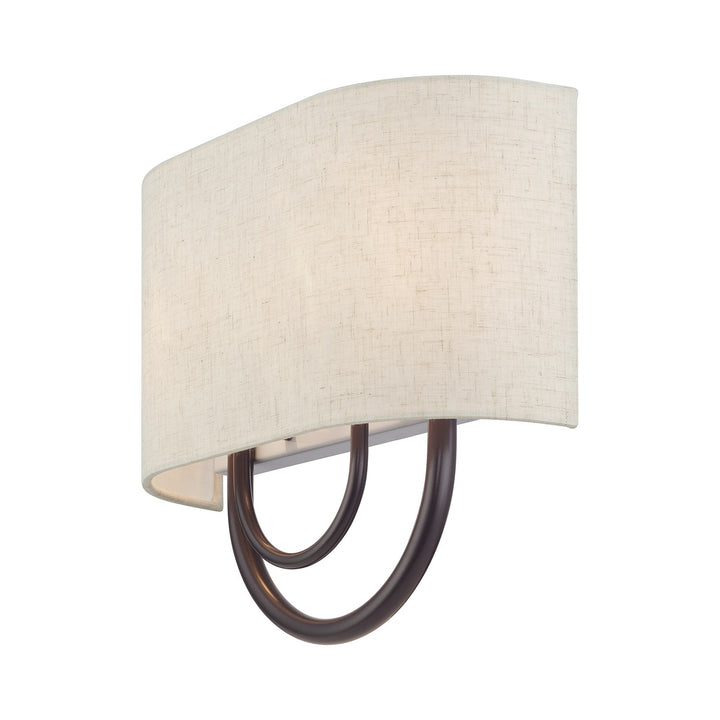 2 Light English Bronze Ada Sconce With Hand Crafted Oatmeal Fabric Shade