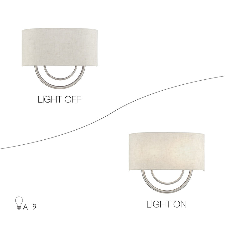 2 Light Brushed Nickel Large Ada Sconce With Hand Crafted Oatmeal Fabric Shade