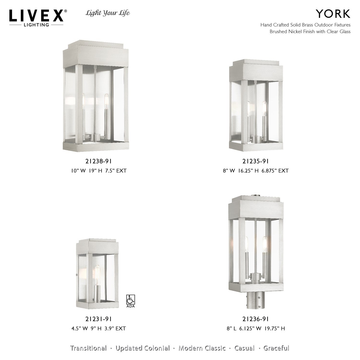1 Light Brushed Nickel Outdoor Ada Wall Lantern