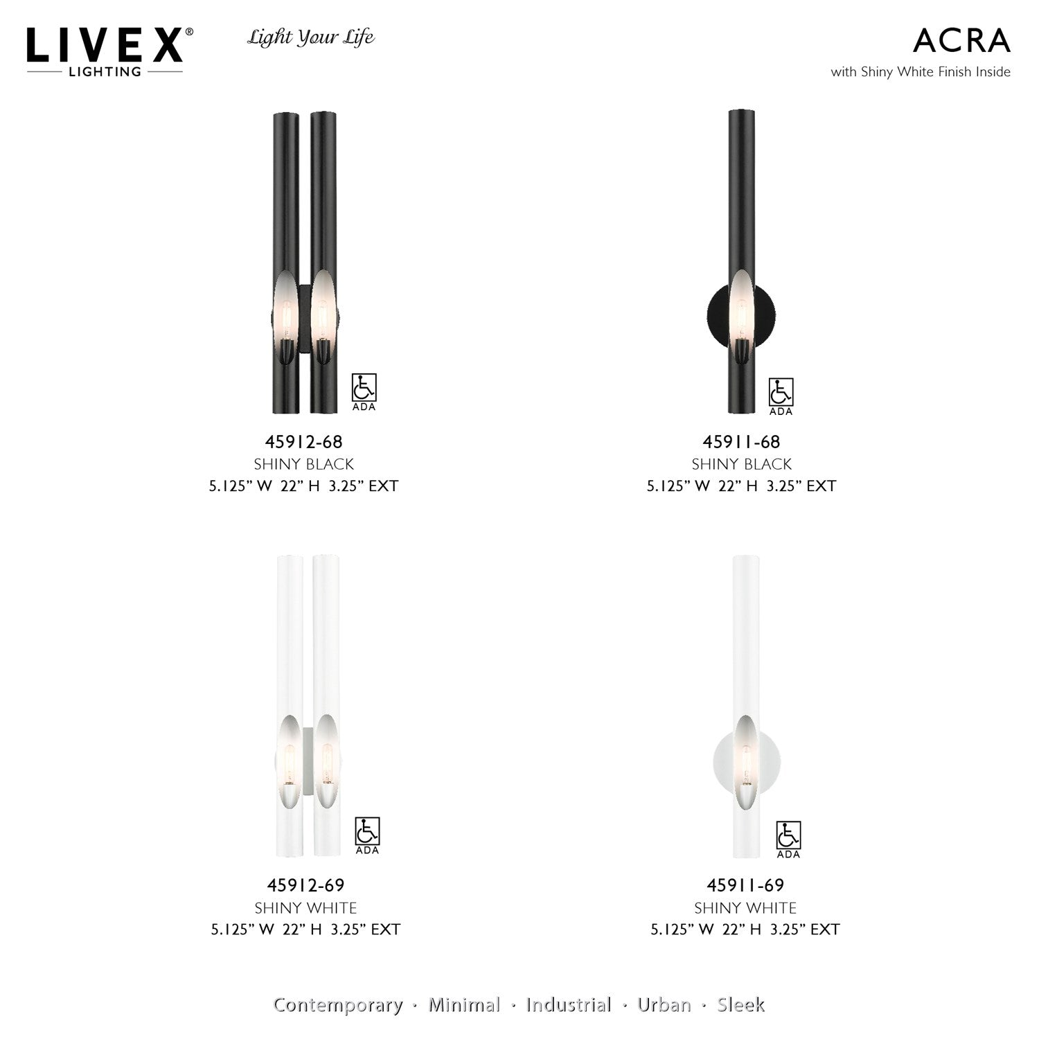 2 Light Shiny Black Ada Double Sconce