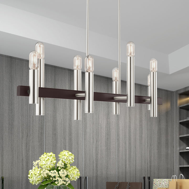 8 Light Brushed Nickel & Bronze Linear Chandelier