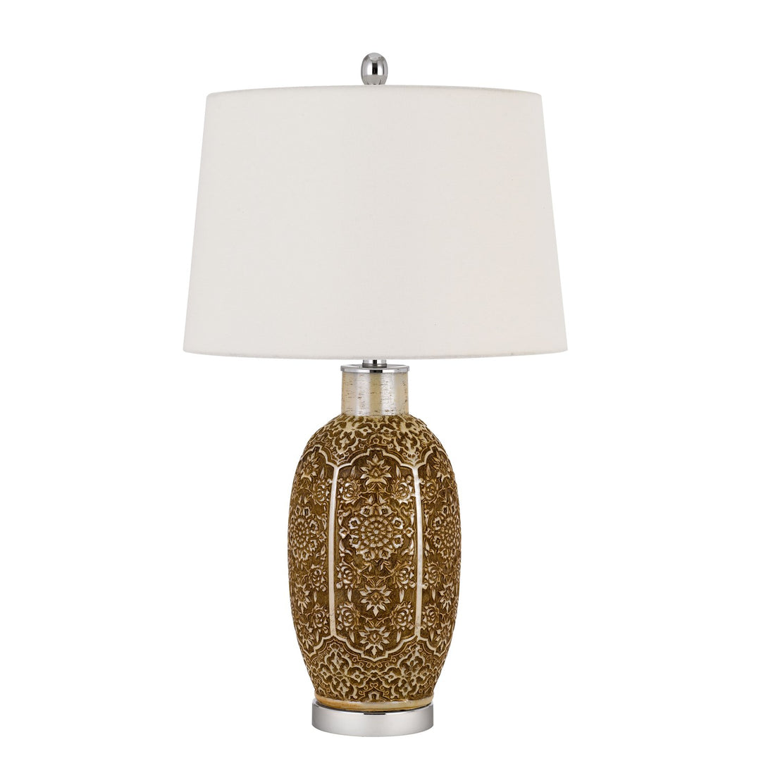 150W 3 Way Olive Ceramic Table Lamp With Hardback Taper Fabric Drum Shade by CAL Lighting