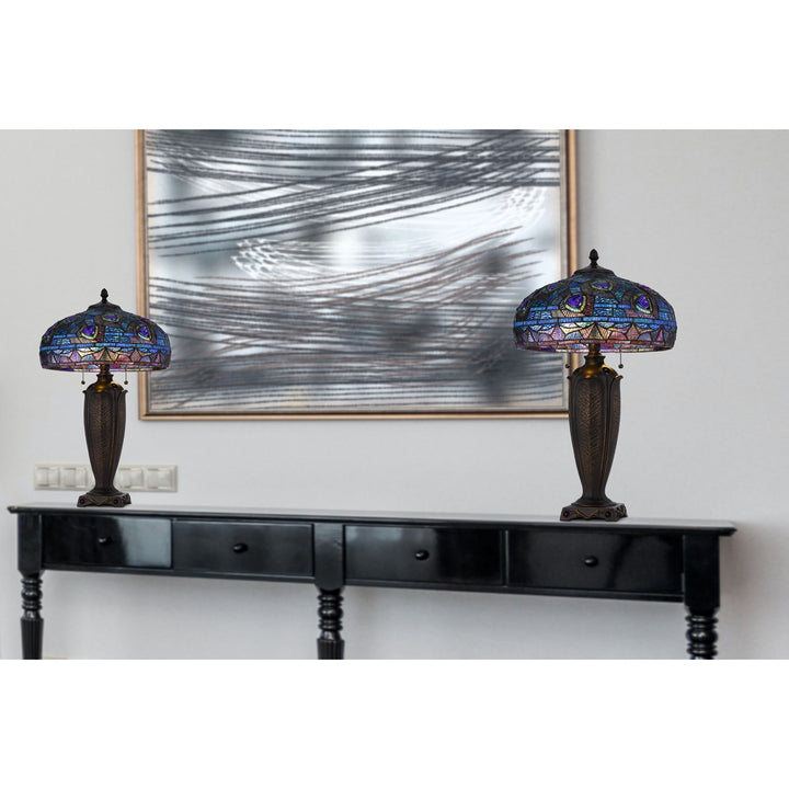 60W X 2 Metal/Resin Tiffany Table Lamp With Pull Chain Switches