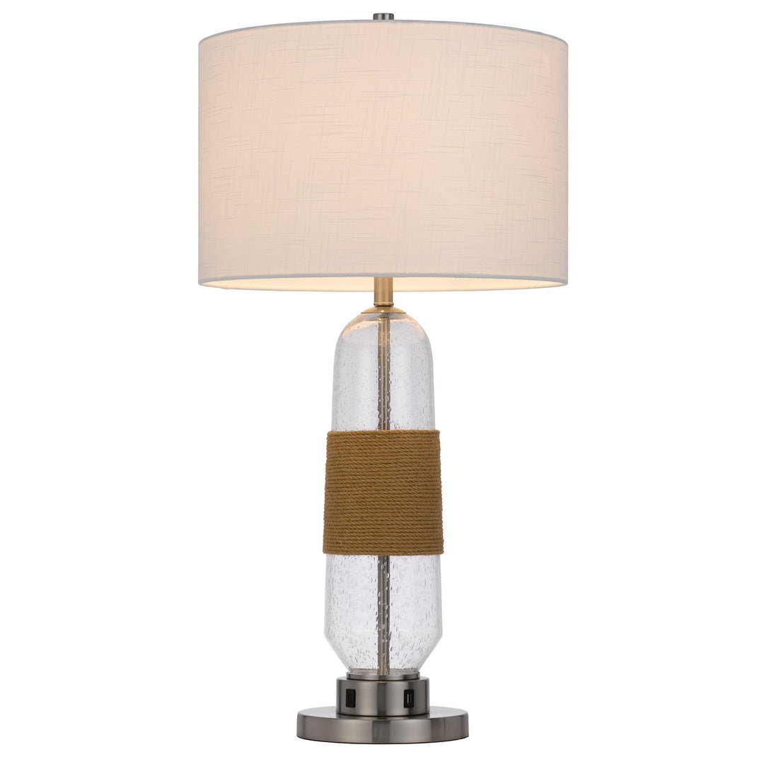 150W 3 Way Everett Bubbled Glass Table Lamp With Burlap Design; Fabric Shade
