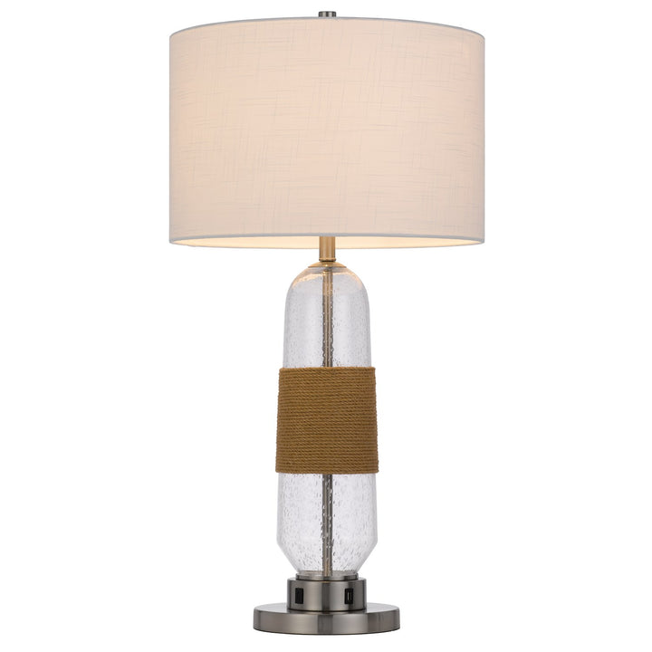 150W 3 Way Everett Bubbled Glass Table Lamp With Burlap Design; Fabric Shade