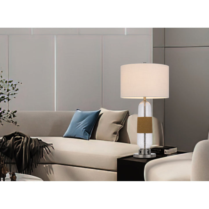 150W 3 Way Everett Bubbled Glass Table Lamp With Burlap Design; Fabric Shade