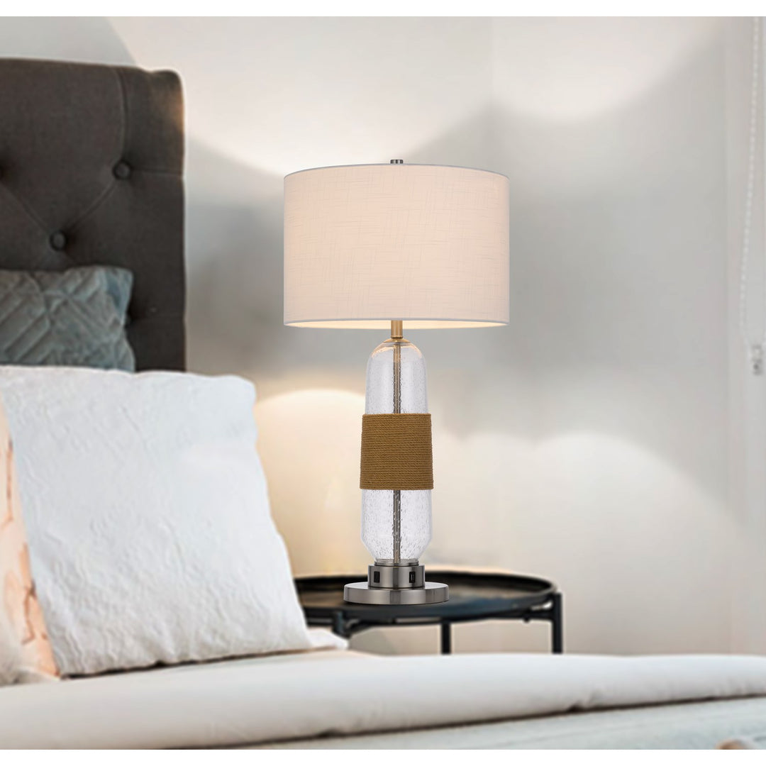 150W 3 Way Everett Bubbled Glass Table Lamp With Burlap Design; Fabric Shade
