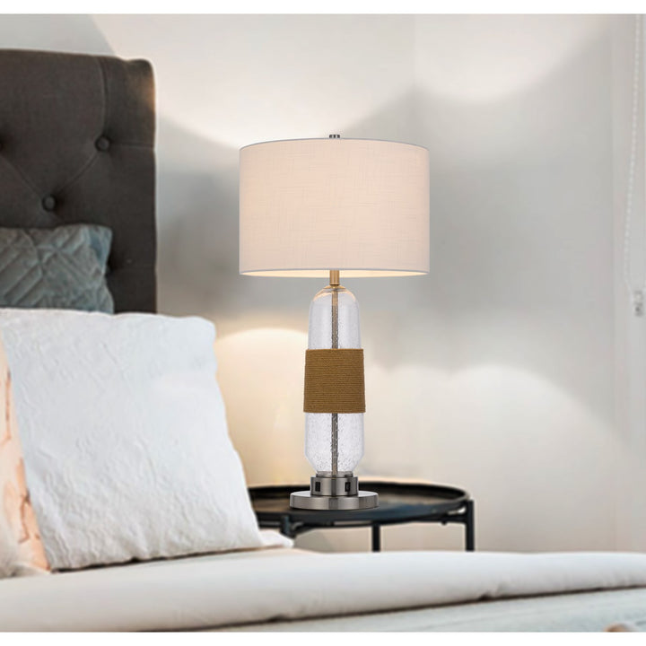 150W 3 Way Everett Bubbled Glass Table Lamp With Burlap Design; Fabric Shade