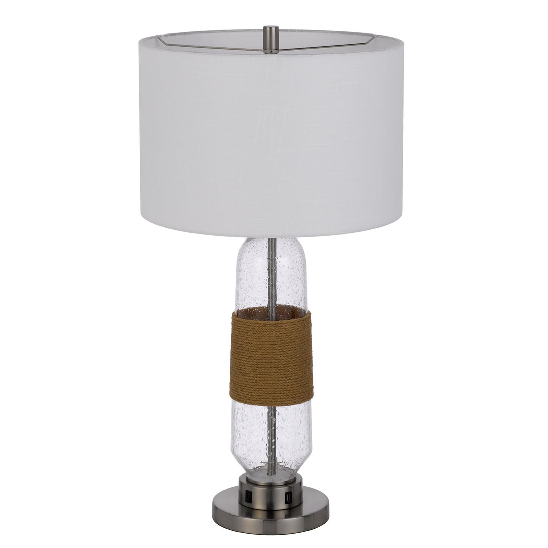150W 3 Way Everett Bubbled Glass Table Lamp With Burlap Design; Fabric Shade