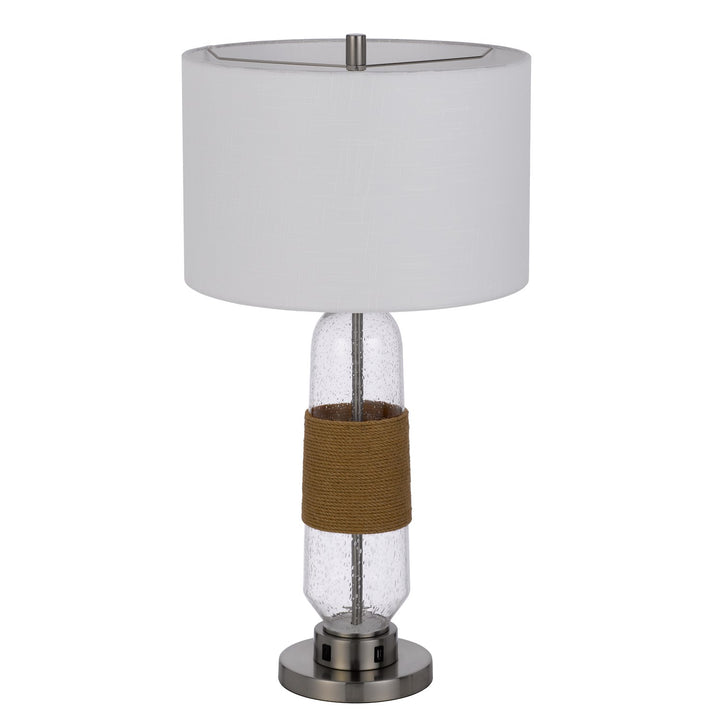 150W 3 Way Everett Bubbled Glass Table Lamp With Burlap Design; Fabric Shade