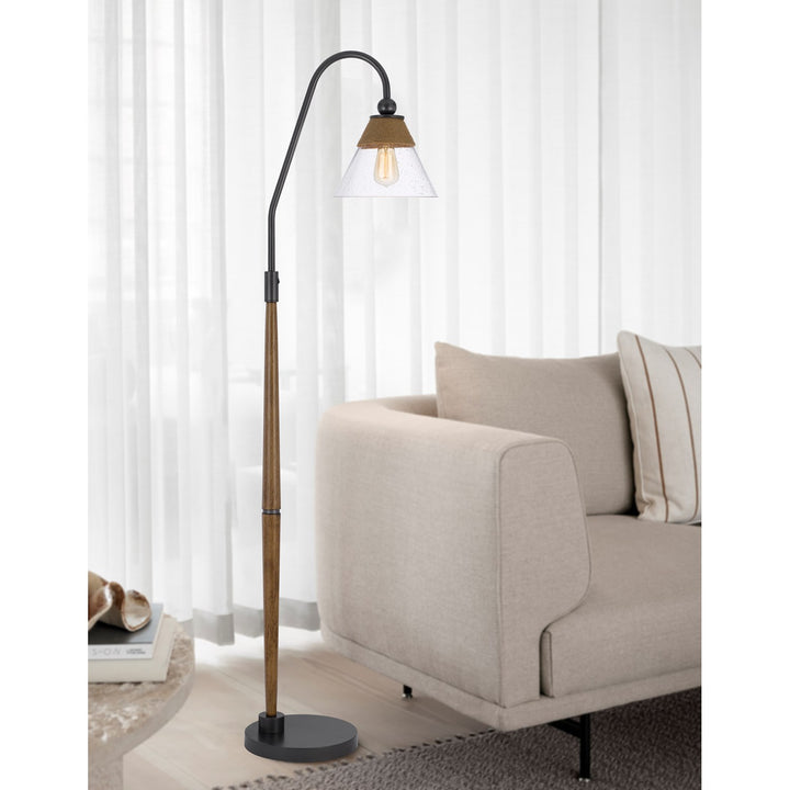 60W Hinton Downbridge Metal Floor Lamp With Faux Wood Pole And Glass Shade