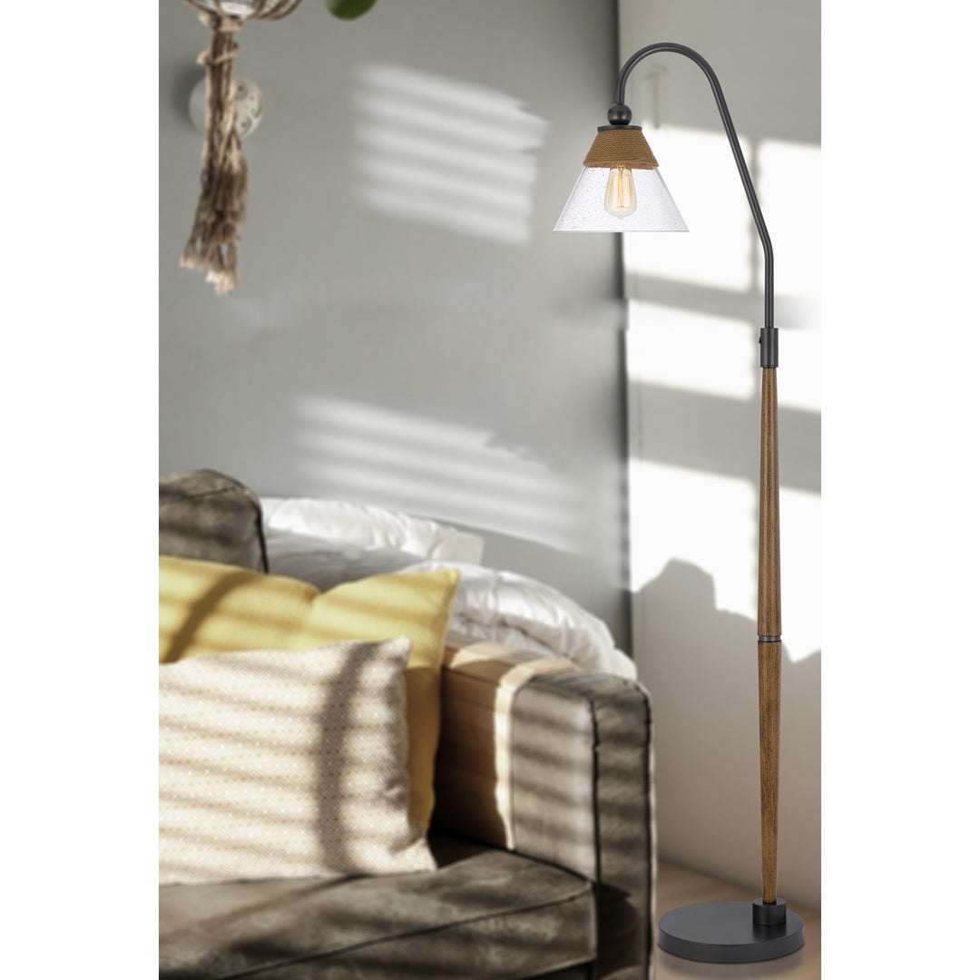 60W Hinton Downbridge Metal Floor Lamp With Faux Wood Pole And Glass Shade