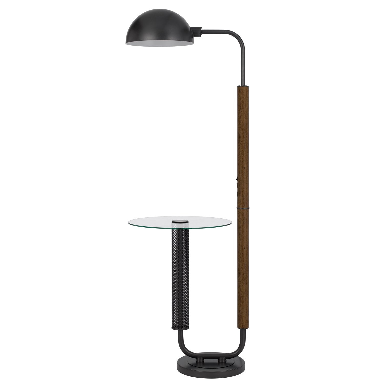 100W Keyser Metal Floor Lamp With Faux Wood Pole And Glass Tray Table by CAL Lighting