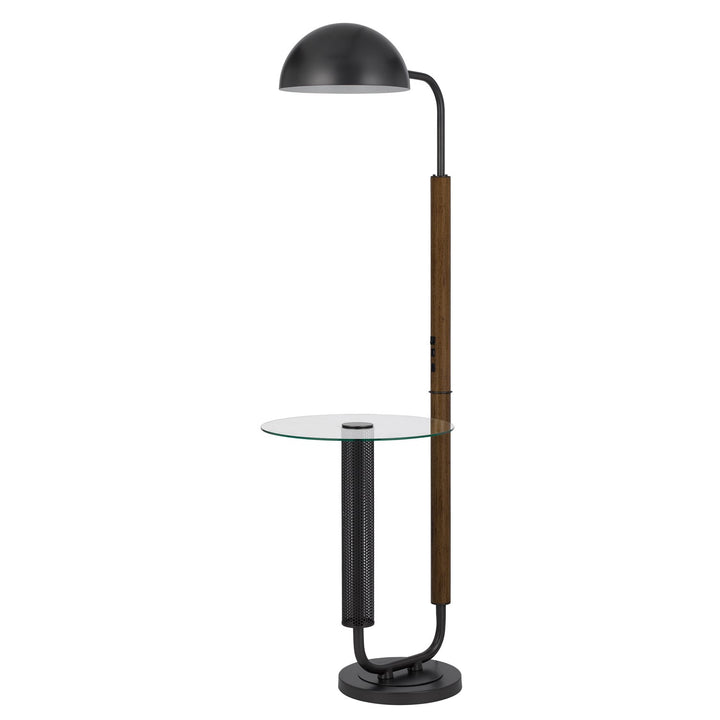 100W Keyser Metal Floor Lamp With Faux Wood Pole And Glass Tray Table
