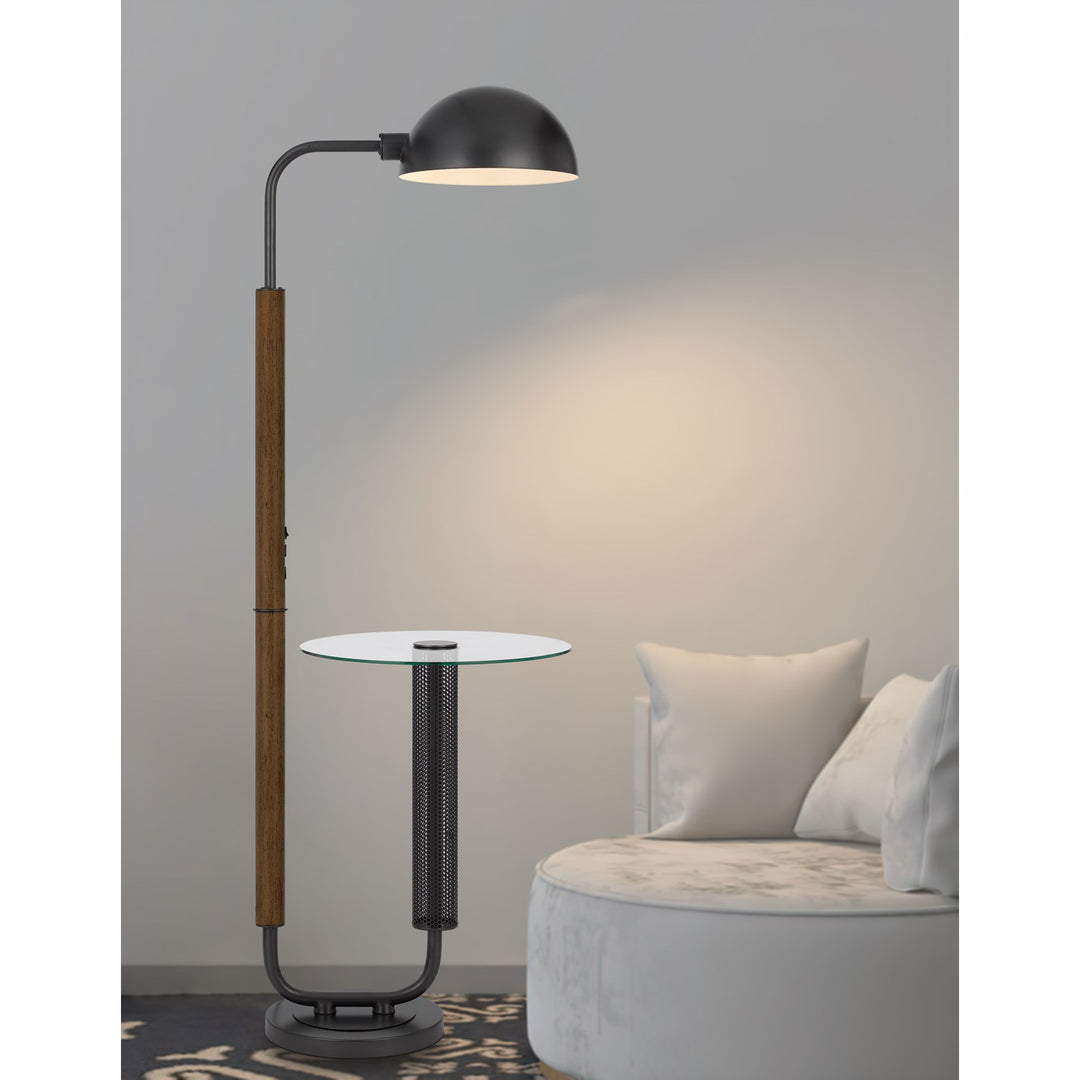 100W Keyser Metal Floor Lamp With Faux Wood Pole And Glass Tray Table