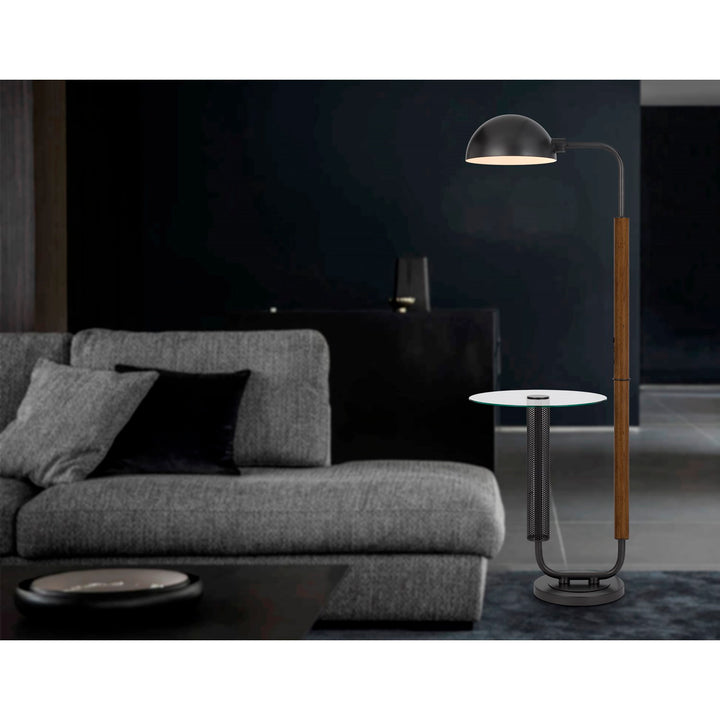 100W Keyser Metal Floor Lamp With Faux Wood Pole And Glass Tray Table